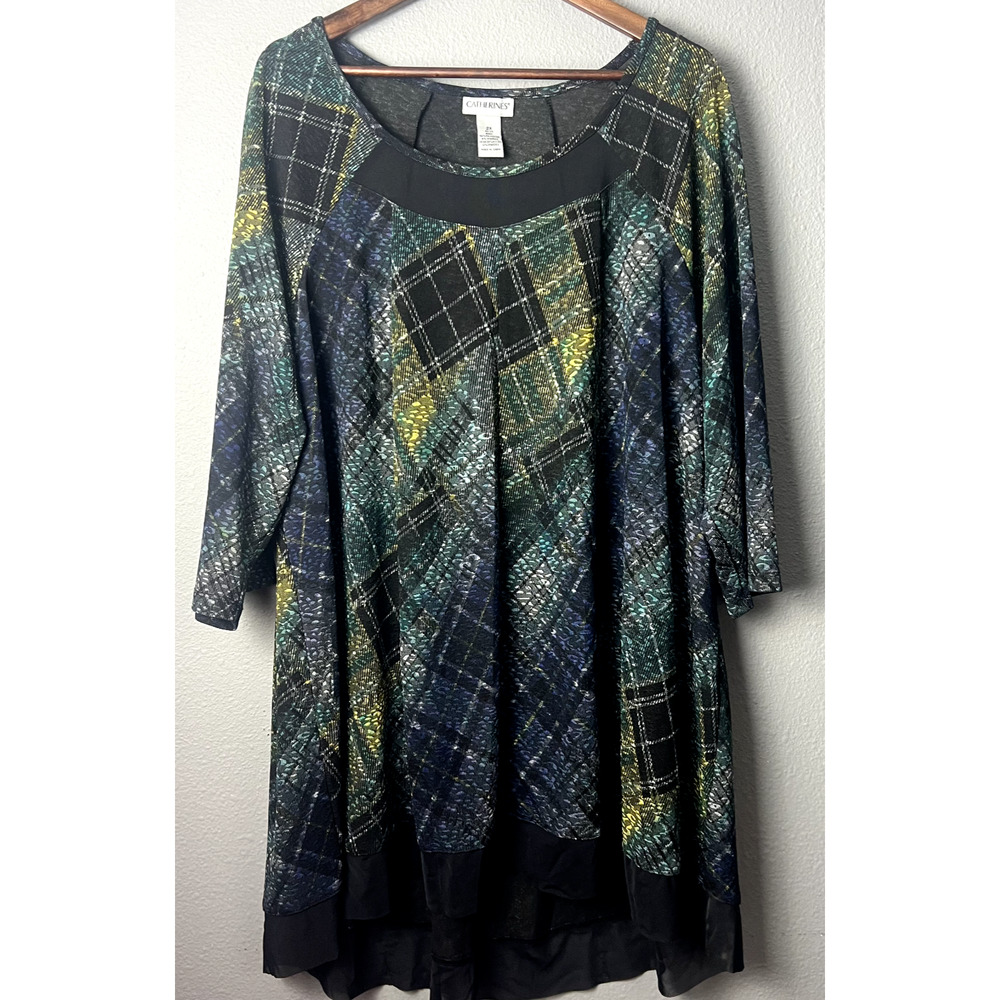Catherines Womens 2X Blue Green Black Whimsigoth Sheer Trim Tunic Top Blouse